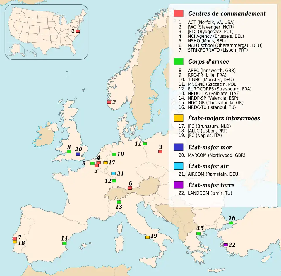 Carte des principaux quartiers-généraux de l'OTAN en 2015.