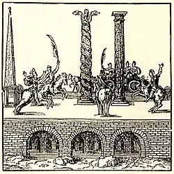 Les monuments de l'Hippodrome, en 1556 : obélisque de Théodose, Colonne serpentine,  colonne de Constantin.
