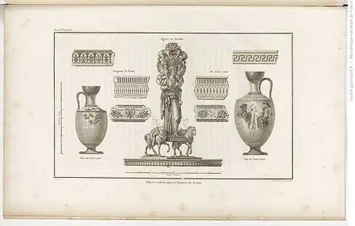 Gravure ancienne : divers objets : statue, vases, fragments de frise