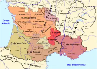 Le sud-ouest du royaume de France en 1034. Duché d'AquitaineDuché de VasconieComté de Toulouse