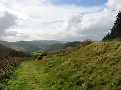 Photo d'un paysage rural herbeux. Le terrain s'élève sur la droite.