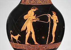 Jeune joueur de lyre et son auditeur. Œnochoé à figures rouges du Peintre de Berlin, v. 490-480. The Met