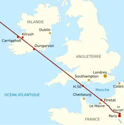 carte représentant la trajectoire probablement suivie par l'Oiseau blanc entre Paris et l'Irlande.