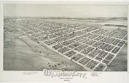 Plan d'Oklahoma City en 1890 : les rues forment un quadrillage parfait, basé sur le Public Land Survey System.