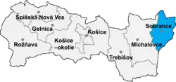 Localisation du distrct de Sobrance dans la région de Košice (carte interactive)