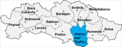 Localisation du district de Vranov nad Topľou  dans la région de Prešov (carte interactive)