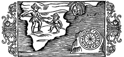 « Sur les nains du Groenland et l'île de Hvitsark », illustration de Historia de Gentibus Septentrionalibus, 1555. L'île imaginaire est à droite, sous la représentation d'un compas.