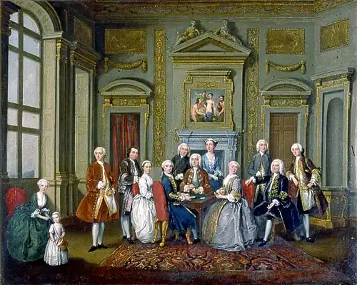 La famille Tylney dans le salon à Wanstead par Old Nollekens, 1740. Le comte est assis à droite, en présence de son fils John, à droite; sa femme est assise à la table en face du 3e fils, le lieutenant Josiah RN, tandis qu'une fille en bleu se tient derrière. À gauche, l'enfant James Long, avec le père Sir Robert Long qui regarde. (Coll. Fairfax House, York, CT198.327)