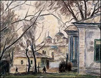 L'ancienne rue Anastasie Panu (avec l'église Barboi en arrière-plan) à Iaşi (1983), huile sur carton, 49&nbsp;×&nbsp;63&nbsp;cm, collection particulière.