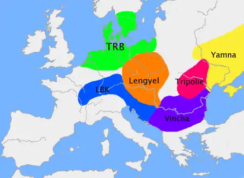 Carte simplifiée des cultures vers 3 200 av. J.-C. Culture des vases à entonnoir (TRB)Culture rubanée, à céramique linéaire (LBK)Culture de LengyelCulture de Vinča (Vintcha)Culture de Cucuteni-TrypilliaPartie occidentale de la Culture Yamna