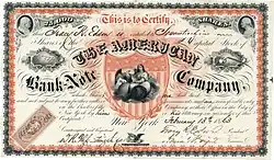 Action de l'American Bank Note Company, émise le 13 février 1863 à New York au nom de Tracy R. Edson, l'original étant signé par lui en tant que président. Edson a été l'un des fondateurs de la société et son président de 1858 à 1875.