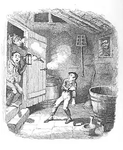 Oliver est blessé lors du cambriolage, par George Cruikshank.