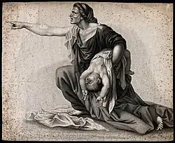 Détail de la femme qui tient sous son bras le bébé mort. Ses traits affichent une colère manifeste et elle accuse l'autre mère en la pointant du doigt.