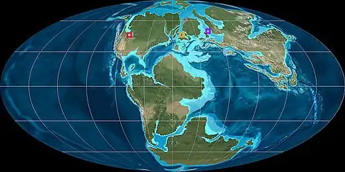 Répartition des fossiles d'Ophtalmosaurus sur une carte du monde à la fin du Jurassique.