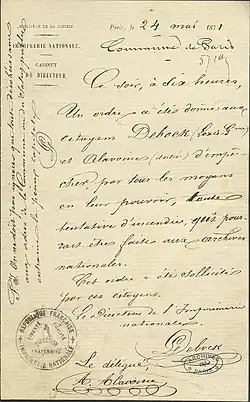 Texte manuscrit sur papier à en-tête de l'Imprimerie nationale