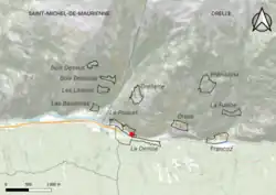 Carte en couleurs représentant des villages encadrés (Orellette, les Bois, le Poucet,&nbsp;etc.) avec la représentation d'une explosion au lieu-dit de la Denise.