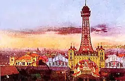 La première tour Tsūtenkaku, avec le Luna Park Shinsekai à l'avant-plan, vers 1912.