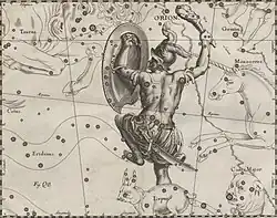 Johannes Hevelius, l'Uranographia (1690). La vue est inversée pour correspondre à la vision à travers un télescope, c'est-à-dire vue du dessus du globe céleste.