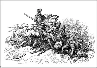 Gravure en noir et blanc. Orlando à cheval embroche ses adversaires avec une longue lance