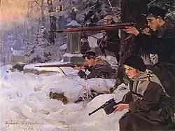 Cette peinture de Wojciech Kossak exposée au musée de l'armée polonaise à Varsovie, représente des jeunes polonais dans la défense du cimetière lors de la bataille de Lviv.