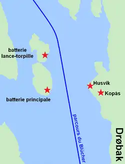 Bataille du détroit de Drøbak: Position de trois batteries d'artillerie côtière et une batterie lance-torpille aérienne lors du passage du Blücher