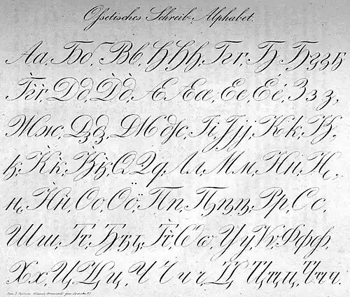 Alphabet ossète de Sjögren 1844 en écriture cursive.