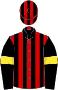 Red, black stripes, black sleeves, yellow armlets, red and black striped cap