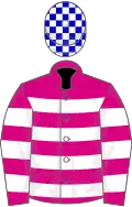 Cerise, white hoops, blue and white check cap