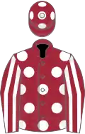 Maroon, white spots, striped sleeves and spots on cap