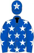 royal Blue, white stars, royal blue sleeves, white stars, royal blue cap, white star