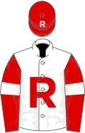 White, red &quo;r&quo;, red sleeves, white armlet, red cap, white &quo;r&quo;