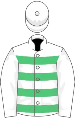 White, emerald green hoops, white sleeves and cap