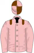 Pink, brown epaulettes, pink sleeves, pink cap, brown quartered