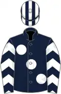 Dark blue, large white spots, chevrons on sleeves, striped cap