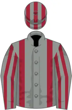 Grey, maroon braces, striped sleeves and cap