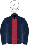 Dark blue, maroon stripe, white cap