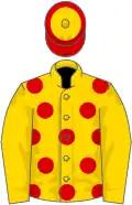 Yellow, red spots,yellow sleeves, yellow cap, red hoop