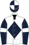 White, dark blue diamond, dark blue sleeves, white armlet, white and dark blue quartered cap