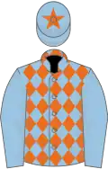 Light blue, orange diamonds on body, star on cap