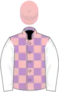 Mauve and pink check, white sleeves, pink cap