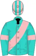 Turquoise, pink sash and armlets, striped cap