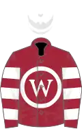 Maroon, white circle, white hoops on sleeves, white cap