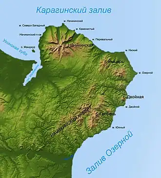 Carte de la péninsule Ozernoï avec la baie Ozernoï au sud