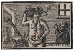 Gravure sur bois, vignette du père Duchesne en memento mori, figurant à partir du no&nbsp;13 de Je suis le véritable père Duchesne, foutre ! édité par Hébert (début 1791).