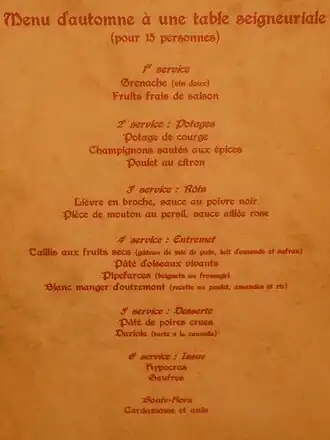 Menu d'un repas seigneurial de type médiéval.