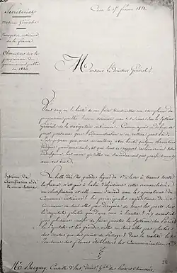 Lettre du 15 février 1821 de l'ingénieur Bouessel,.