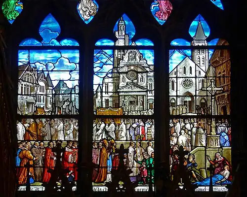 La procession de la châsse de sainte Geneviève : vitrail de l'église Saint-Étienne-du-Mont réalisé en 1882.