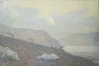 Paesaggio (Paysage) (style Macchiaioli) (il existe une autre œuvre avec le même sujet mais dans le style pointilliste), 1891, huile sur panneau, collection privée.