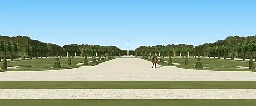 Restitution 3D de la vue sur le parterre du Bois, en sortant du château vieux de Meudon.