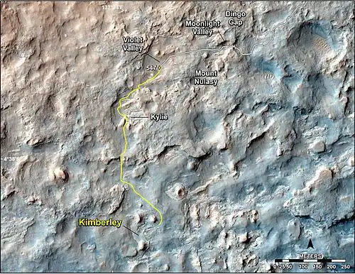 L'itinéraire de Curiosity entre Dingo Gap (février 2014) et le massif Kimberley. (mai 2014).